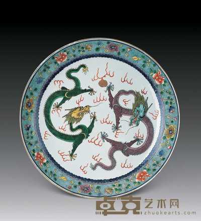 清光绪 五彩双龙戏珠大盘 直径38.5cm